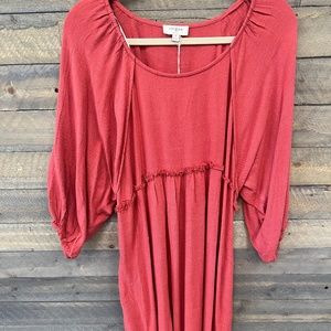 Linen Blend 3/4 Balloon Sleeve Dress with Fringe Detail